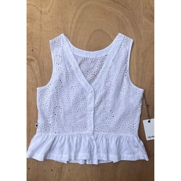 Rhythm Women's White Cotton Jungle Floral Eyelet Sleeveless Tank Top - Picture 13 of 16